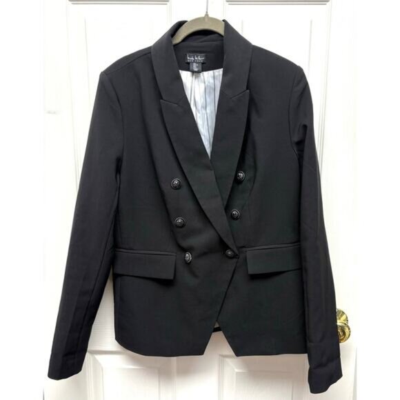 Nicole Miller Black Blazer Short White Striped Lining Work Office Women’s L - Picture 1 of 7